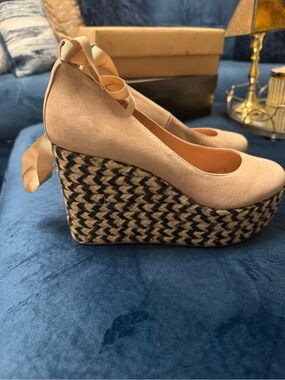 Free People Tan Suede Ribbon Wedge Espadrilles